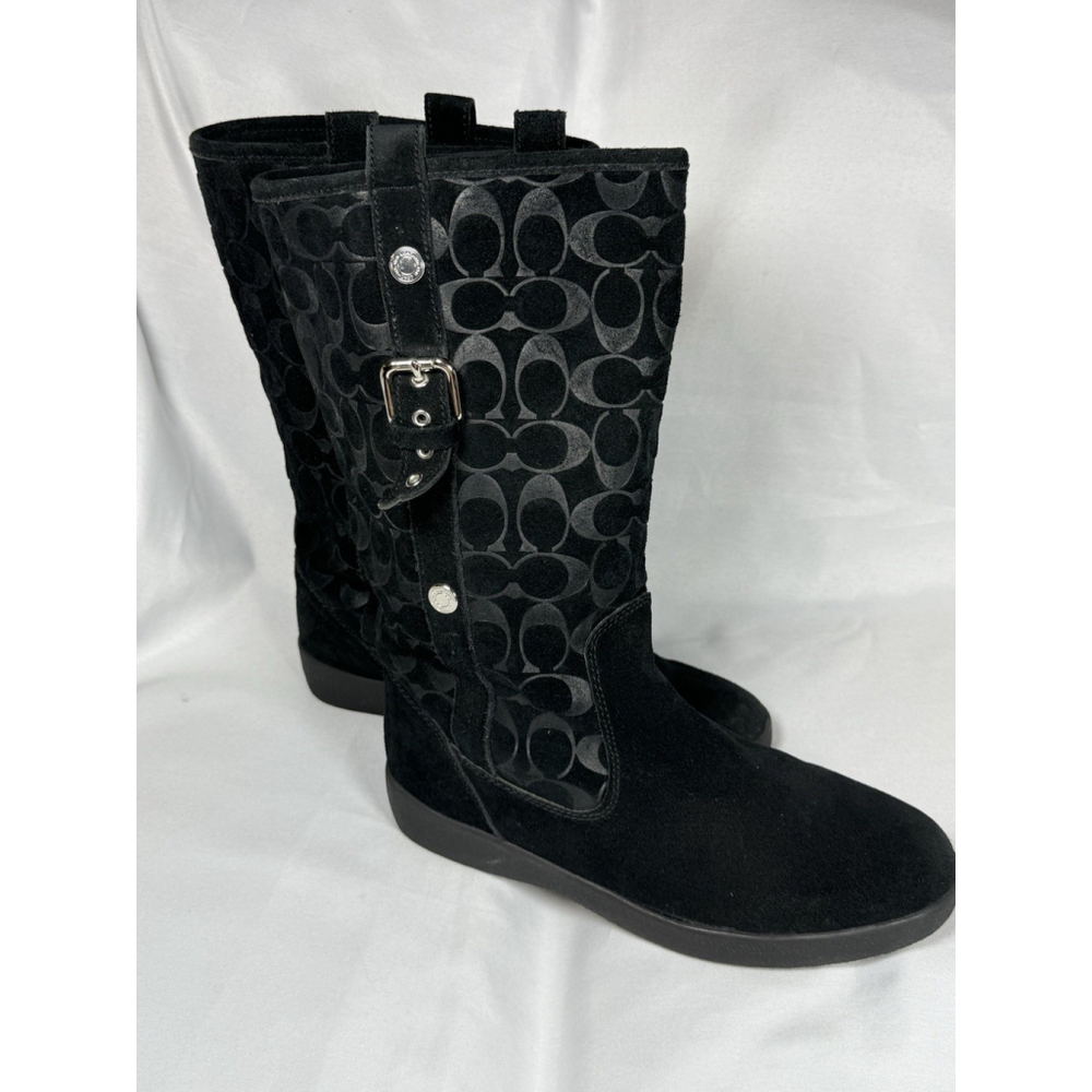 Coach Black Suede Tullip F2020/G12 Monogram Mid-Calf Boots Women Sz 11B Faux Fur